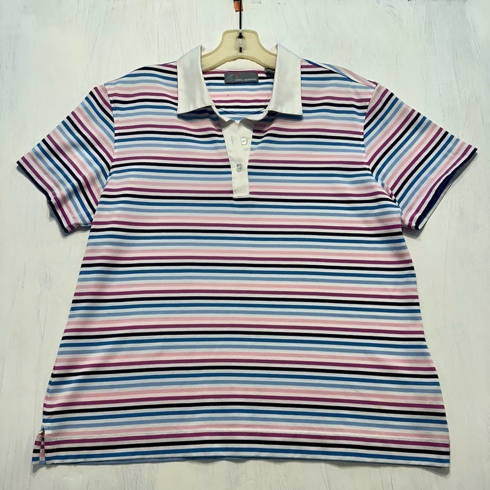 Greg Norman Womens XL Polo Shirt Multicolor Stripe Golf Activewear Cotton Blend